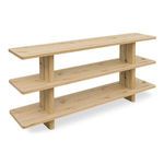 Casey bookcase shown at a 3/4 angle highlighting the rounded vertical supports and wood grain texture.