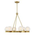 Side view of chandelier highlighting adjustable hanging rods and six luminous glass orbs