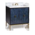 30-inch bathroom vanity with dark sapphire blue sycamore veneer doors, glossy black sides, marble top, and brass legs
