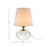 Diantha Table Lamp showing overall proportions with brass neck, clear base, and white shade