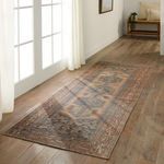 Runner rug styled in a bright room with hardwood floor, near glass doors and white curtains