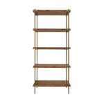 Dark burl wood etagere with five rectangular shelves and thin, gold-toned metal frame