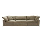 Terra Modular Sofa in taupe performance fabric with broad armrests and plush feather and fiber cushions