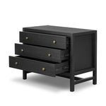 Nightstand shown with all three drawers partially open revealing interior and drawer mechanism
