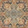 Zharah Zr 10 rug in rust and blue with intricate central medallion and floral motifs on 100% wool pile with fringed edges.