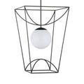 Rochefort pendant with solid white globe and slender black metal cage from angled side perspective
