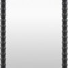 Rectangular black mirror with rounded beaded pine wood frame featuring textured detailing