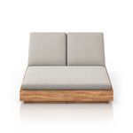 Front view showing symmetrical stone grey cushions and teak base width