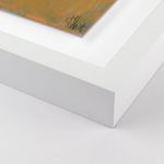 Close-up of white frame corner and bottom edge of abstract painting showcasing brush texture and artist signature