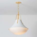Coventry Pendant with white plaster curved shade, domed opal glass diffuser, and brass chain suspension