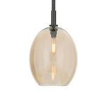 Close-up of warm champagne glass globe with glowing filament bulb inside pendant light