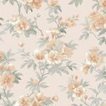 Laura Ashley Rosamund Wallpaper with delicate painterly peach flowers and soft green leaves on pale beige background