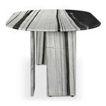 Close-up side view highlighting marble texture and thickness of Celia Oval Dining Table's legs and top