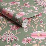 Roll of Friendship Garden Sage wallpaper showing floral pattern close-up on khaki green background