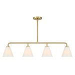 Linear chandelier with warm brass finish and four swirling strie glass shades
