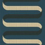 peacock blue wallpaper with elegant folding ribbon pattern in beige and black matte texture