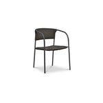 Single outdoor dining chair angled to show curved armrest and basketweave texture on frame
