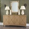 Pair of Fulton Vase Lamps on wood sideboard with diamond pattern doors, paired with accessories and green textured walls