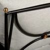 Close-up detail of back cushion corner and metal armrest with gold-tone finial on Roma sofa