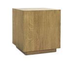 Layne Square End Table with light brown oak veneer, cube shape, clean lines, and animated grain pattern