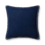 Navy blue square pillow with white striped piping along the edges