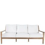 Straight-on front view of sofa with white cushions on teak frame