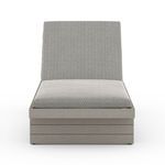 Front view of chaise showing wide stone grey cushion and horizontal slat framed teak base