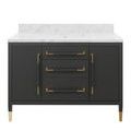 front view of black linen vanity showing symmetrical cabinet doors and gold handles