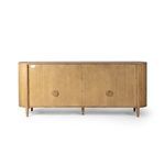 Close-up of curved side panel and tapered furniture leg with protective pad