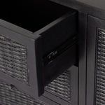 Dual cylindrical door pulls on adjoining cane doors centered on front face of console.