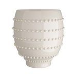Small ivory ceramic vase with rounded shape, featuring horizontal rows of soft hand-applied bead details.