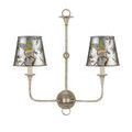 Two silver tapered chandelier shades mounted on double-arm chandelier with antique silver hardware
