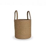 Round natural bamboo basket with two loop handles, woven texture, light brown color