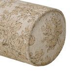 Light beige April Bolster Pillow end showing rounded shape and damask design