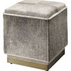Back and side view highlighting square shape, ribbed sides, piped edges, and antique brass base of the ottoman