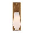 Front view highlighting the geometric shape of frosted glass shade against rectangular brass wall plate