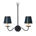 Front view of two-light chandelier with navy tapered shades and black curved arms on white backdrop