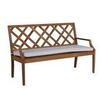 Haley Teak 60-inch outdoor bench with lattice backrest, armrests, and gray seat cushion