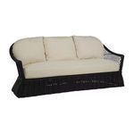 Soho Woven Sofa with black N-Dura resin wicker frame and beige cushions, featuring rounded armrests and plush back pillows