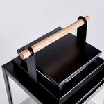 Close-up of the teak handle and top square lid of the Adwin Outdoor Lantern