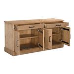 Rear 45-degree angle showing open drawers and doors with visible shelf interior