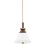 Staton pendant with white opal matte glass conical shade and dark bronze and patina brass accents with central rod