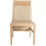 Front view of teak chair with woven wicker back and seat, no cushion