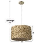 Pendant light with dimensions showing 16 inch diameter, 10 inch height, and max height 76 inches