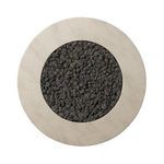 Top down view revealing circular layout of black lava stones filling inner part of fire table