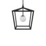 Blurred image focusing on lantern's geometric iron frame and suspended globe light