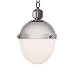 Close-up of Otis Pendant Small showing detailed polished finish and metal hardware at top of milk glass shade