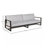 Avondale Aluminum Sofa with dark frame and light cushions with dimensions overlayed