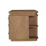 Side profile showing full depth of desk with rattan side panels and wood grain