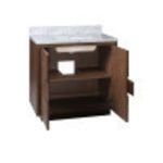 Vanity installed in modern bathroom setting with tiled wall and ambient lighting